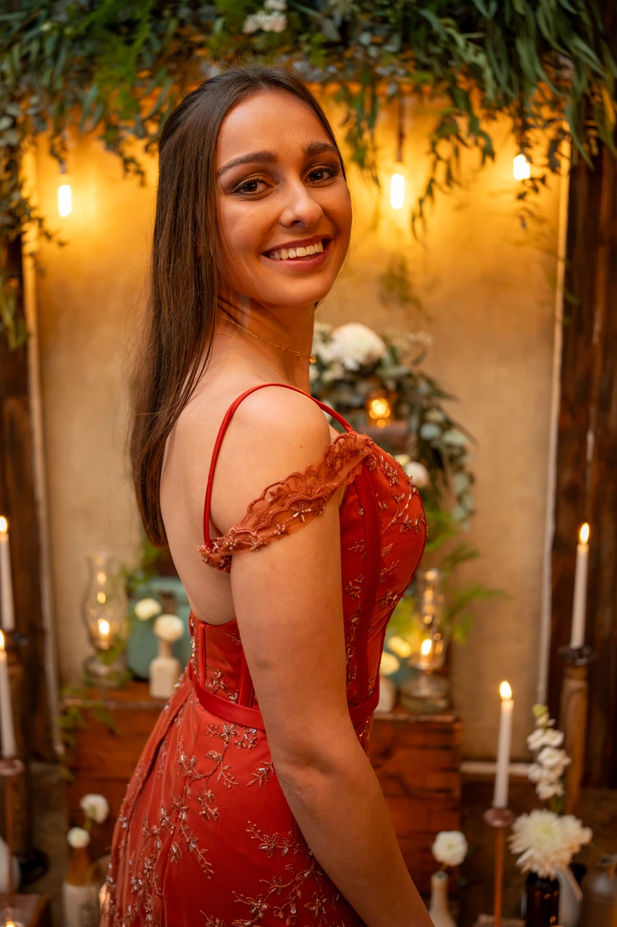 Matric farewell portrait in a red dress