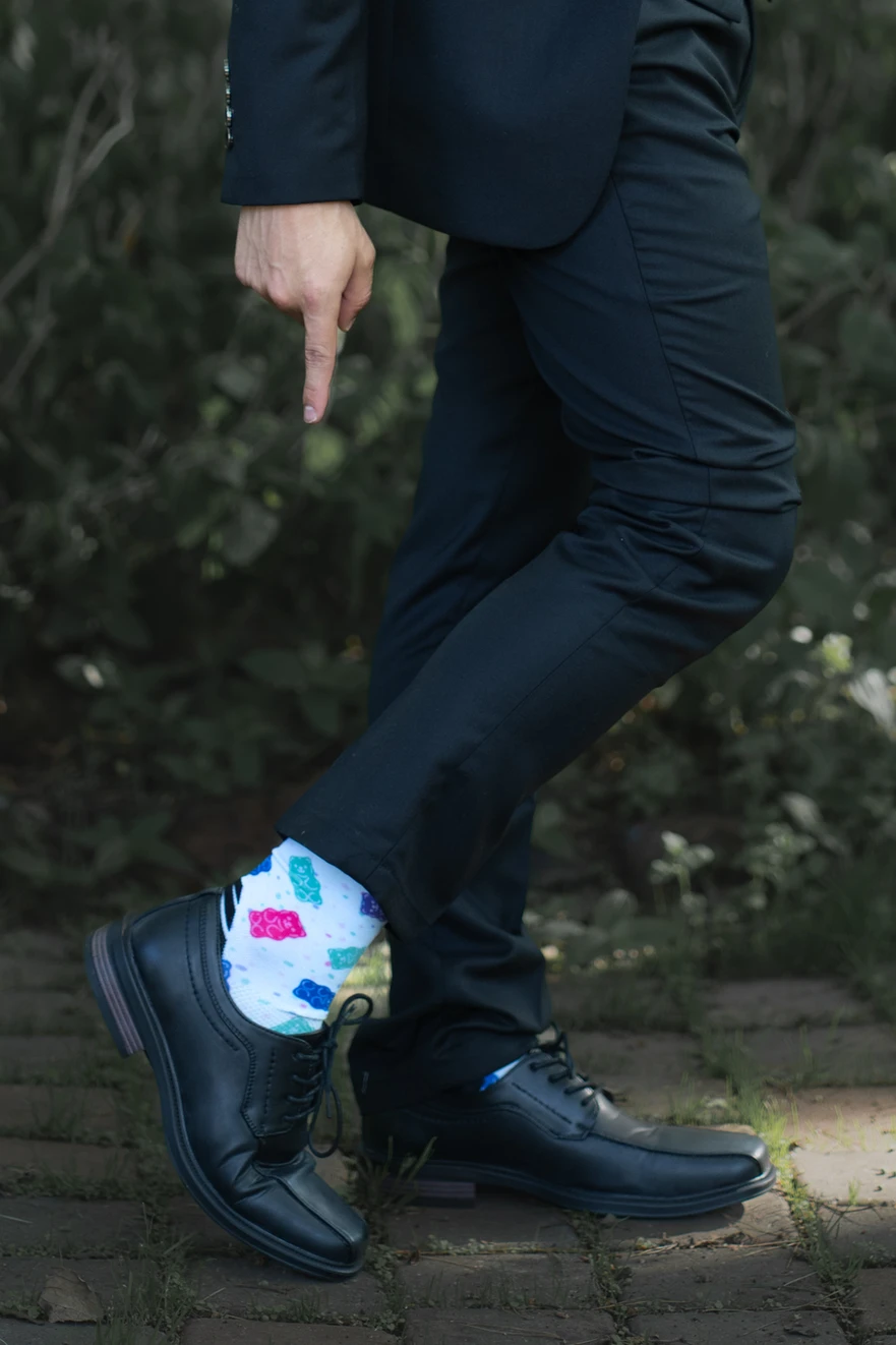 Fun socks and polished shoes on farewell night